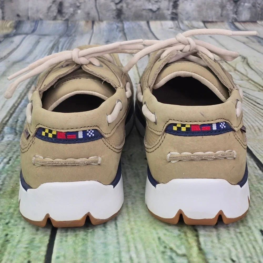 LL Bean Portlander Boat Shoes Womens 8 Medium Tan Leather Nautical Flag 293451